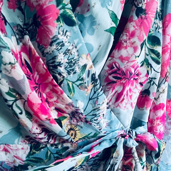 Eliza J Floral Metallic Surplice V Neck Long Sleeve High Low Wrap Maxi Dress 6 - Picture 6 of 16